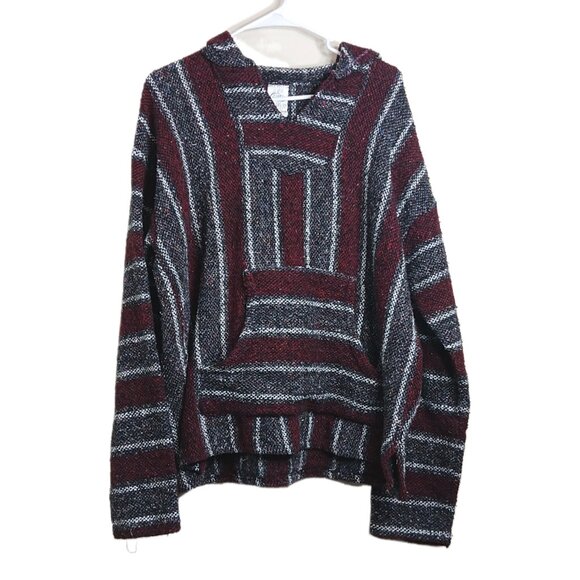 Textiles Frank’s Baja Hoodie Womens Large Burgundy Stripe Boho Mexican Pullover - Picture 1 of 6